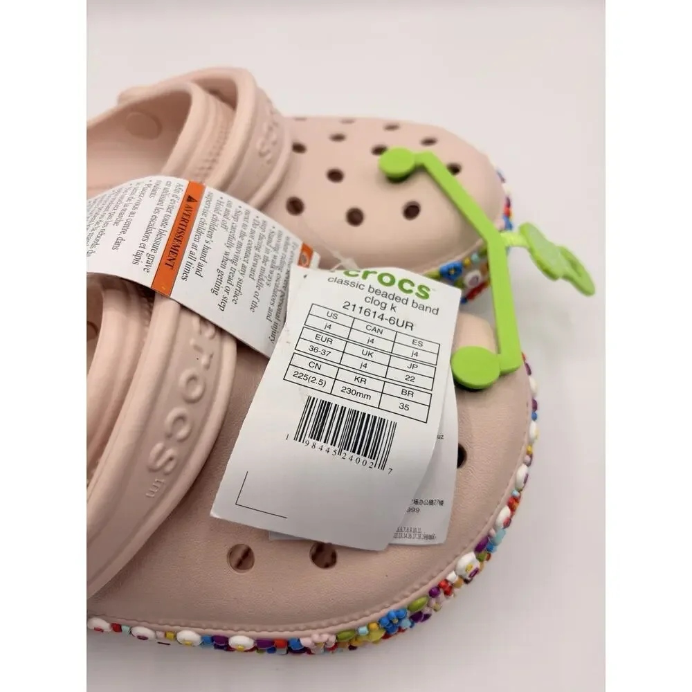 Crocs Kid’s Beaded Band Clog - Multicolor Beads Sandals Beige 211614 Sz J4 NWT